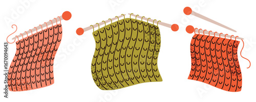 Pieces of knitted fabrics on knitting needles. Flat vector illustration.