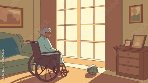 Senior woman in wheelchair looking out window home interior peaceful scene vector illustration.