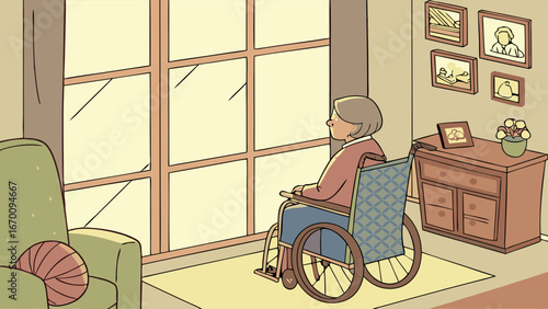 Senior woman in wheelchair looking out window home interior illustration elderly care retirement peaceful scene.