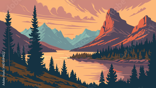 Serene Sunset Landscape with Mountain Lake and Coniferous Forest Illustration.