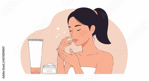 Woman applying moisturizer on her face while sitting at a vanity  