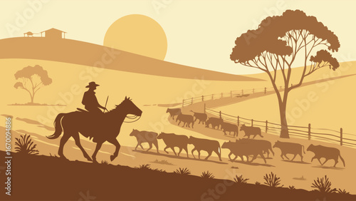 Silhouette of a cowboy herding cattle across a rural landscape at sunset.