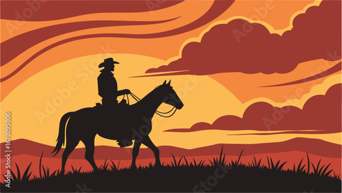 Silhouette of a cowboy riding a horse at sunset western landscape illustration vector art.