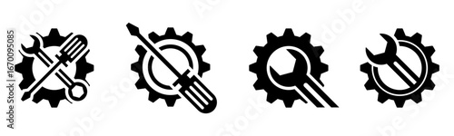 Set of repair service tools, gears, wrench and screwdriver icon vector illustration on white background. For mechanics and repairs.