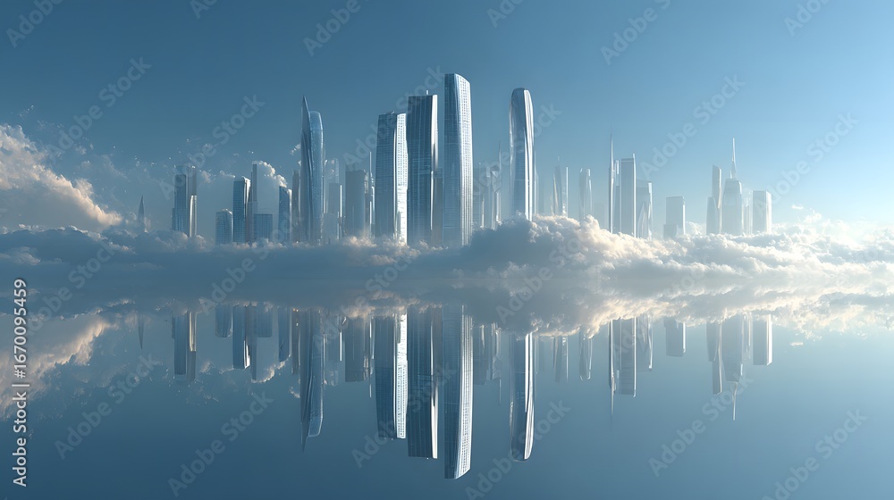 Fototapeta premium Futuristic, gleaming city skyline of glass skyscrapers rises majestically from a sea of soft, low-lying clouds against a clean white background with a subtle reflection.