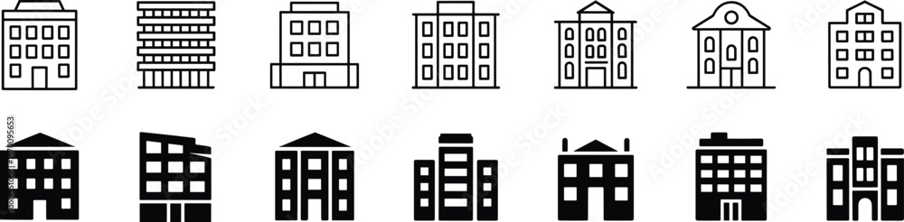 Fototapeta premium Flat vector black building icons set with diverse architectural styles, roofs, windows, doors for city, urban, construction, real estate design