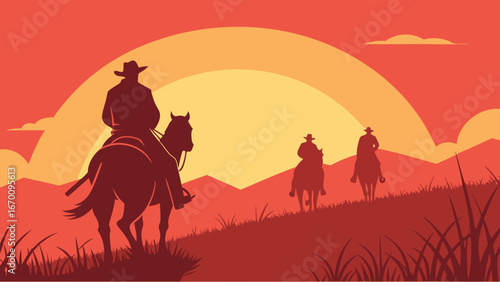 Silhouette of cowboys riding horses at sunset western landscape illustration.