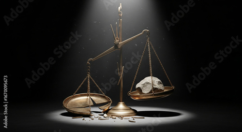 Symbolic justice illustration featuring broken balance scale under spotlight, representing corruption, unfairness, and lack of equality