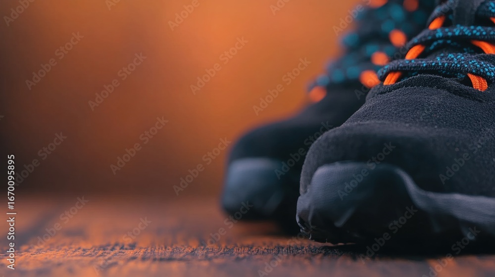 Fototapeta premium High-performance athletic shoes on a wooden surface ready for action