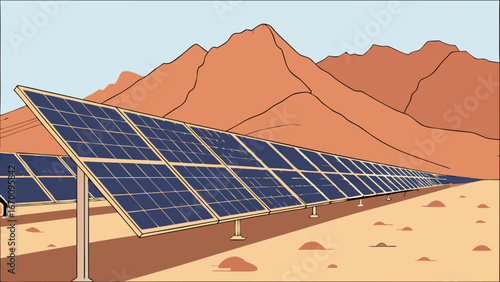 Solar Panel Farm in Mountainous Terrain Clean Energy Illustration.