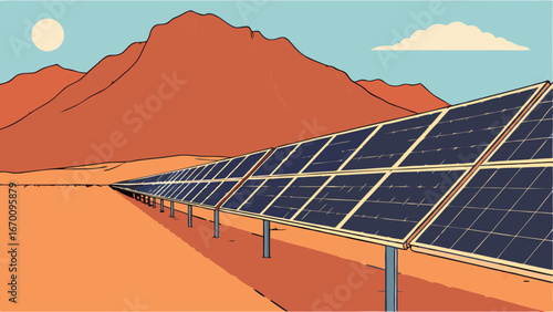 Solar Panels in Desert Landscape Renewable Energy Clean Energy Illustration.