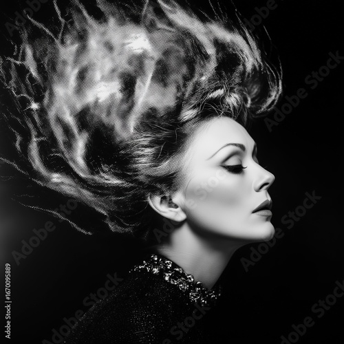 Black and White Artistic Portrait, Creative Hairstyle & Jeweled Neckline for Fashion Magazines, Beauty Design, Artistic Creation