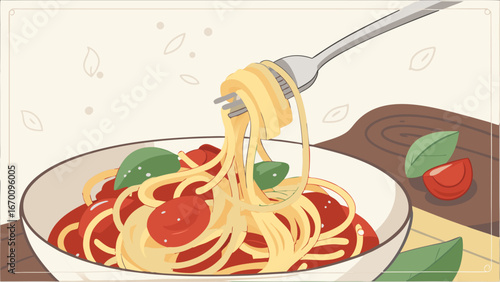 Spaghetti with Tomato Sauce Pasta Dish Food Illustration Italian Cuisine.