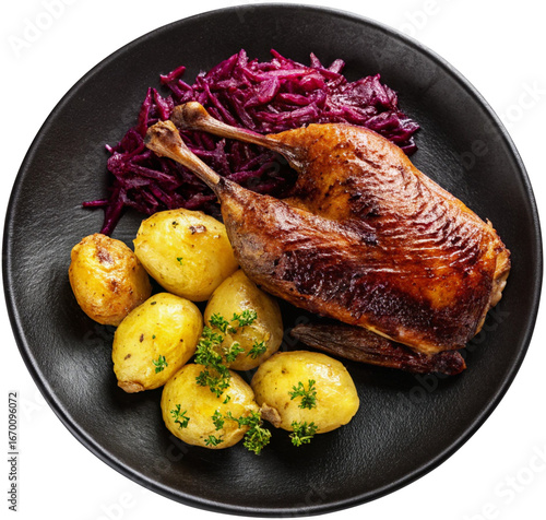 roasted duck with boiled potatoes and pickled red