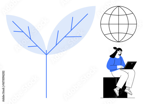 Minimal leaf design represents nature, paired with a globe and a person using a laptop. Ideal for ecology, technology, environmental awareness, global connection, innovation, education, simple flat