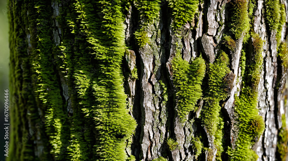 Obraz premium Tree bark with green moss, ultra realistic macro detail