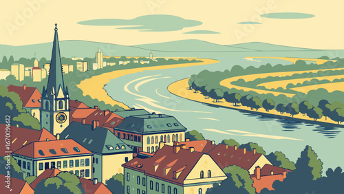 Stylized illustration of a riverside town with a church spire and scenic landscape.