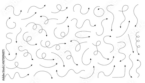 Hand drawn arrow vector set with dotted lines and curves for infographic design, directional pointers or sketch icons in white with loops and dots