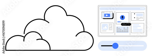 Cloud graphic linked to user interface window displaying charts, graphs, and media elements with an adjustable slider. Ideal for data, technology, software, analytics, cloud storage, web services
