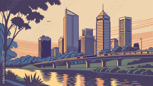 Sunset Cityscape River Bridge and Skyline Illustration.