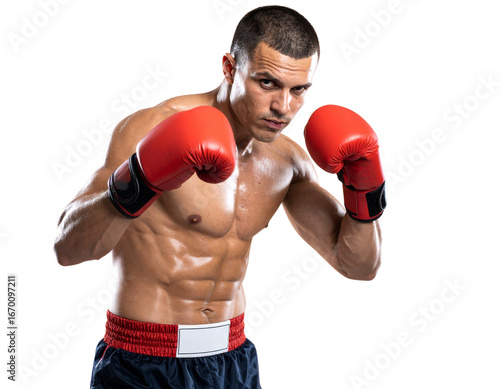Male boxer in defensive stance wearing red gloves isolated on transparent background