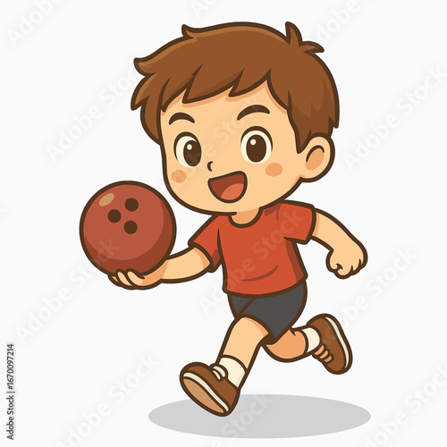 Cute Chibi Boy Playing Bowling with Ball – Cartoon Character Illustration for Kids Sports and Activities