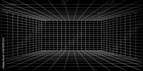 Wallpaper Mural Futuristic perspective grid box. Abstract wireframe with white grid line on black background. Virtual reality landscape in 80s 90s digital style. Vector Torontodigital.ca