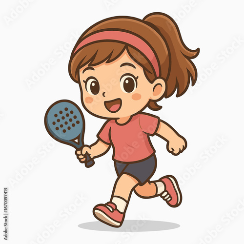 Cute Chibi Girl Playing Padel with Racket – Cartoon Character Illustration for Sports and Kids Activities