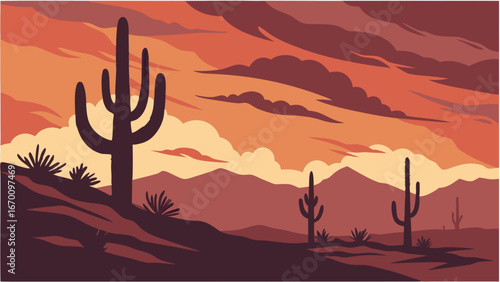 Sunset Desert Landscape with Cactus Silhouette Southwestern Desert Scene Arid Climate Illustration.