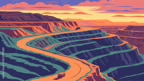 Sunset over a large quarry with a winding road.