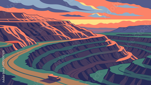 Sunset over a large quarry with a vehicle on a winding road.