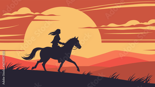 Sunset Silhouette of a Rider on Horseback in a Scenic Landscape.