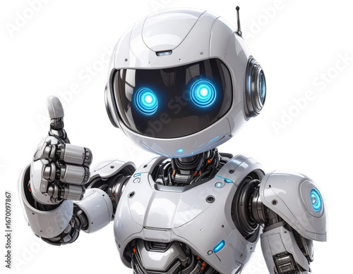 Friendly AI robot giving thumbs up isolated on transparent background
