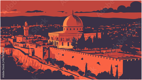Sunset View of Ancient City Walls and Dome Structure.