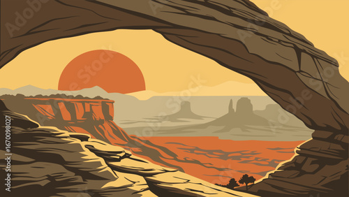 Sunset View Through a Natural Arch in a Desert Landscape.