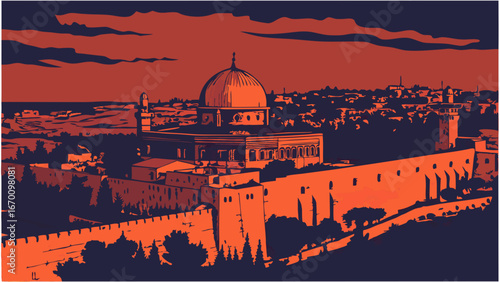 Sunset View of Historic Dome and City Walls Architectural Illustration Middle Eastern Style.