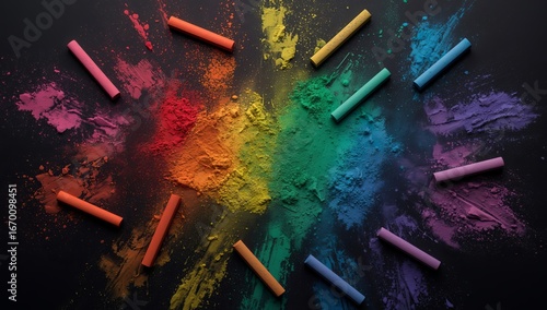 Vibrant rainbow chalk dust art on a dark surface creates a stunning abstract background design