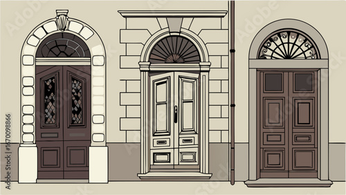 Three Elegant Arched Entrance Doors Vintage Style Architectural Details Vector Illustration Design Element.