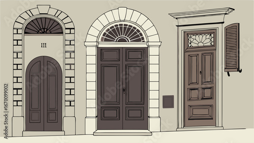 Three Elegant Door Designs Architectural Illustration Entrance Facade Vintage Style Home Decor House Entrance Doorway Classic Architecture.