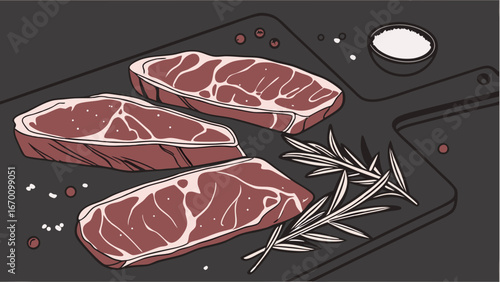 Three Raw Steaks on Cutting Board with Herbs and Spices Perfect for Menu Cookbook or Restaurant Marketing.