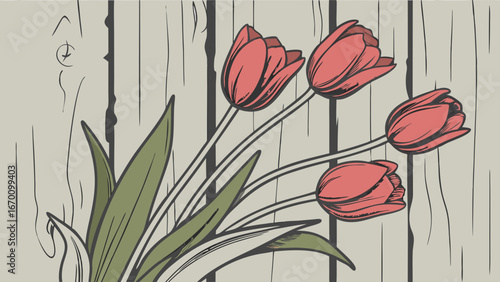Tulip bouquet illustration spring flowers floral design wood background hand drawn vintage style botanical art nature illustration greeting card design.