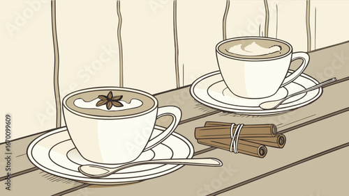 Two Cups of Aromatic Coffee with Cinnamon and Star Anise on Wooden Table Illustration.