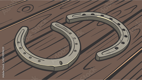Two horseshoes on a wooden surface rustic charm good luck symbol vector illustration.