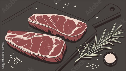Two Raw Steaks on Cutting Board with Rosemary and Salt Perfect for Menu Cookbook or Restaurant Design.