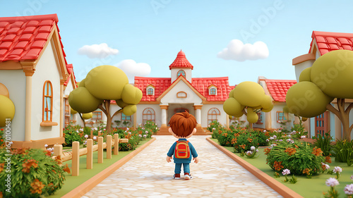 Cartoonish 3D Schoolboy with Backpack Walking Towards School Building – Back to School Illustration made with generative AI