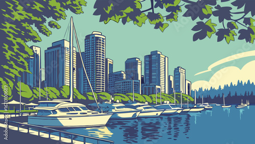 Urban Waterfront Skyline with Yachts and Boats at Dock Summer Cityscape Illustration.