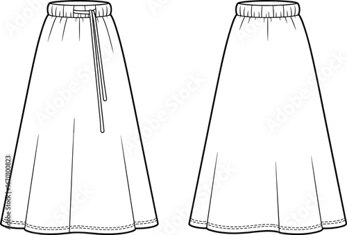 A-line midi skirt with elastic waistband and drawstring fashion technical drawing flat sketch vector illustration for Adobe Stock