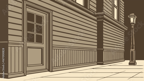 Vintage Building Exterior at Night with Lamppost and Door.