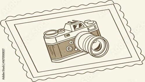 Vintage Camera Illustration in Postage Stamp Frame Photography Graphic Design Element.