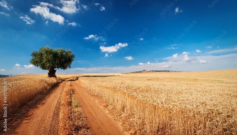 Obraz premium dry summer wheat field with a dusty dirt road a lone gnarled olive tree under a scorching blue sky at high noon